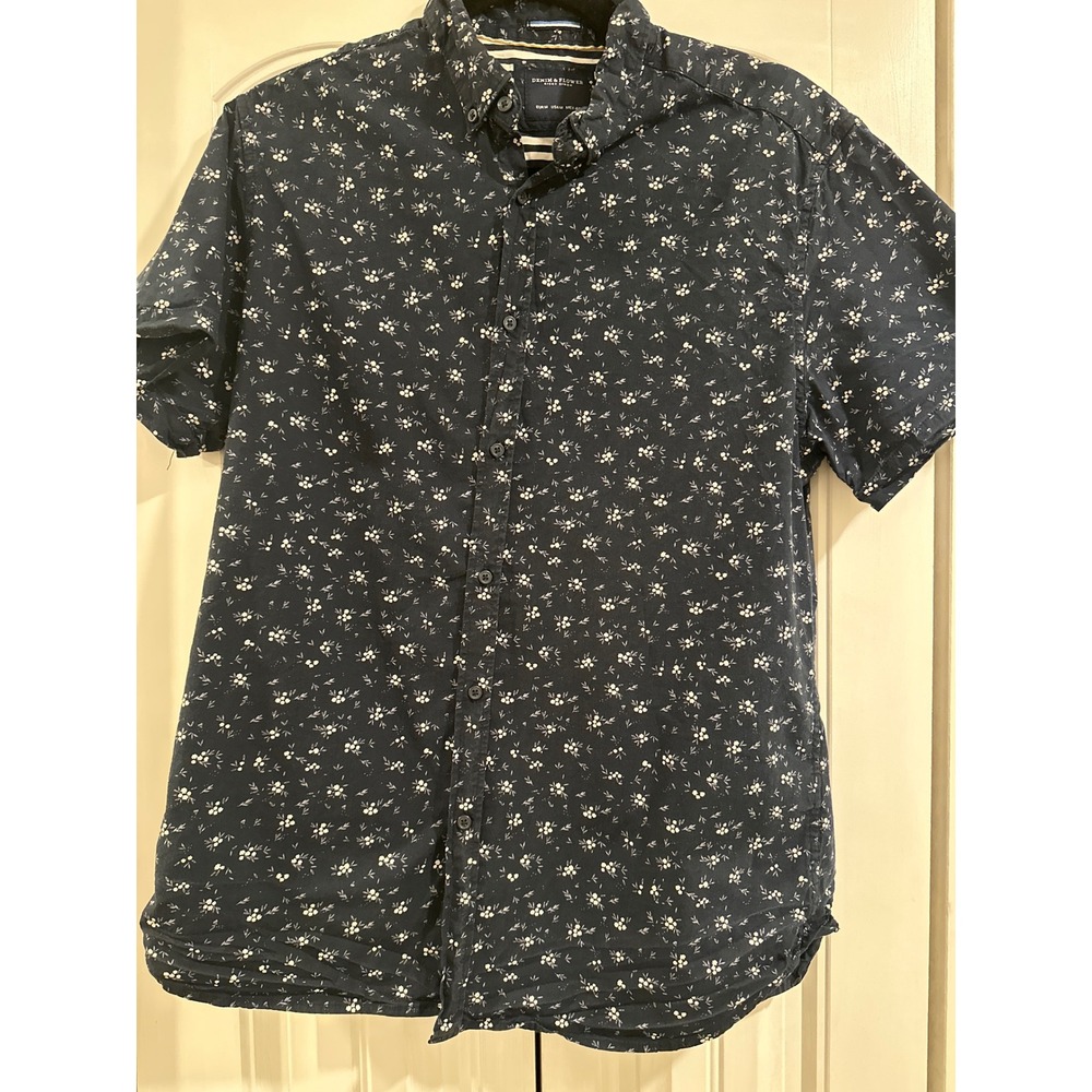 Denim & Flower Ricky Singh Mens Navy Floral Short Sleeve Button Down Shirt M